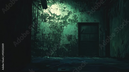 grungy abandoned room with dark texture and eerie green lighting creating a mysterious atmosphere for horror or thriller themes photo