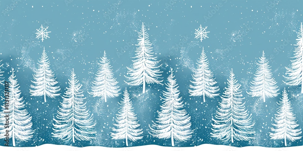 Obraz premium For festivities décor and a festive vibe, deploy a seamless pattern of hand-drawn line pine trees snow-covered&nbsp;over a pale blue setting with a water color textural&nbsp;feel and space, Generative AI.