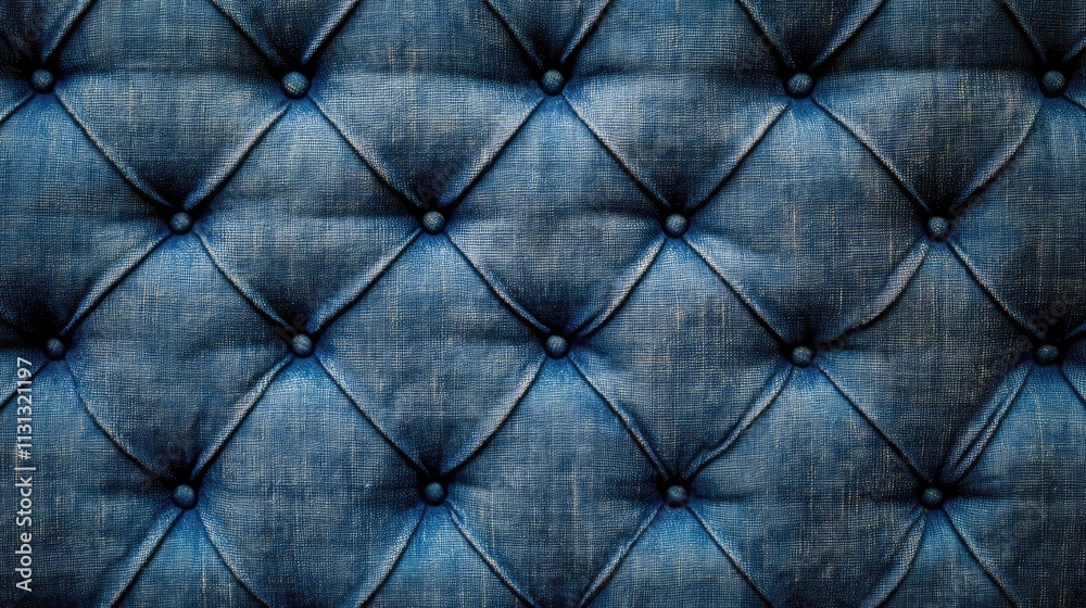 Fototapeta premium Textured fabric background with tufted design featuring deep blue tones and intricate detailing for elegant design applications.