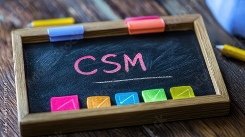 CSM customer service management written on a small chalkboard with colorful markers and notes on a wooden table background photo