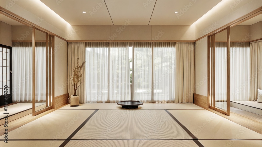 Obraz premium A peaceful meditation room with a tatami mat and a low circular platform for sitting. Soft diffused light shines through curtains illuminating an arrangement of smooth stones and a