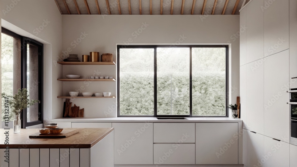 Fototapeta premium A minimalist kitchen showcases matte white cabinetry with open shelving displaying curated dishware. A large window allows for bright airy ventilation while a wooden island serves