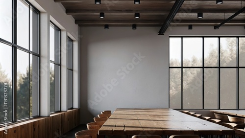 A spacious dining room featuring a long simple table made of reclaimed wood set against a blank wall with no artwork. A series of large unadorned windows allows daylight to