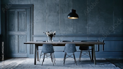 An inviting dining area with a long wooden table set for four. Simple handcrafted chairs encircle the table and a minimalist centerpiece of seasonal flowers rests on a muted linen