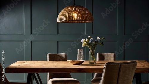 An inviting dining area with a rustic oak table surrounded by mismatched wooden chairs a pendant light casting a warm glow and a simple centerpiece of fresh flowers in a glass