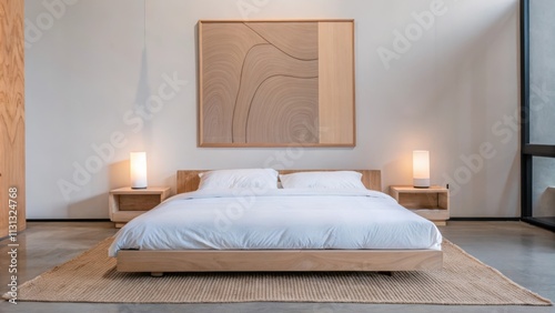 A serene bedroom with a lowprofile wooden bed frame draped in crisp white linens complemented by a handwoven jute rug minimalist nightstands with organicshaped lamps and a large photo