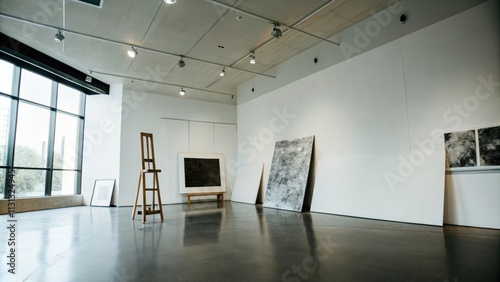 An art studio with white walls and a polished concrete floor showcasing an array of monochrome canvases an easel with a halffinished painting and a tall wooden stool basking in photo