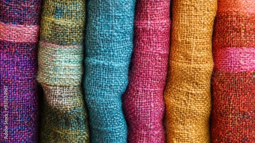 Vibrant Fabric Textures in Vivid Colors Displayed in a Neatly Stacked Arrangement for Textile Background Use photo