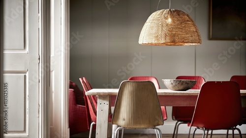 An openconcept dining area with a large farmhouse table made of reclaimed wood surrounded by mismatched chairs a pendant light made of woven rattan and soft ambient lighting.