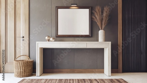 A refined entryway with a smooth lightcoloured console table against a warm grey wall. A single simple mirror hangs above with a woven basket sitting on the floor for added photo