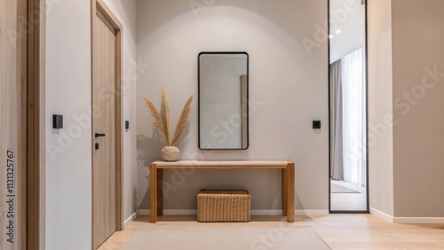 A refined entryway features a simple console table in natural wood adorned with a lone vase showcasing tall grasses. Light wood flooring contrasts with soft gray walls while a