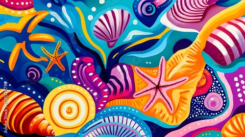 Wallpaper Mural Vibrant and Colorful Underwater Scene Featuring Shells, Starfish, and Marine Life in a Bright Abstract Style for Coastal and Tropical Themes Torontodigital.ca