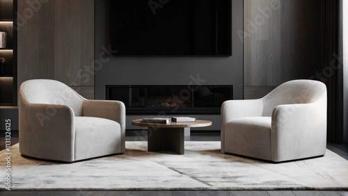 A stylish lounge area with a pair of modern armchairs upholstered in soft velvet facing a minimalist fireplace. A low coffee table holds artful decor and a large abstract rug photo