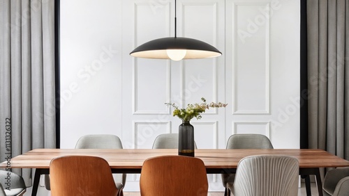 A dining area showcasing a sleek elongated wooden table surrounded by a mix of wooden and upholstered chairs. Above an elegant pendant light hangs casting a warm glow over the