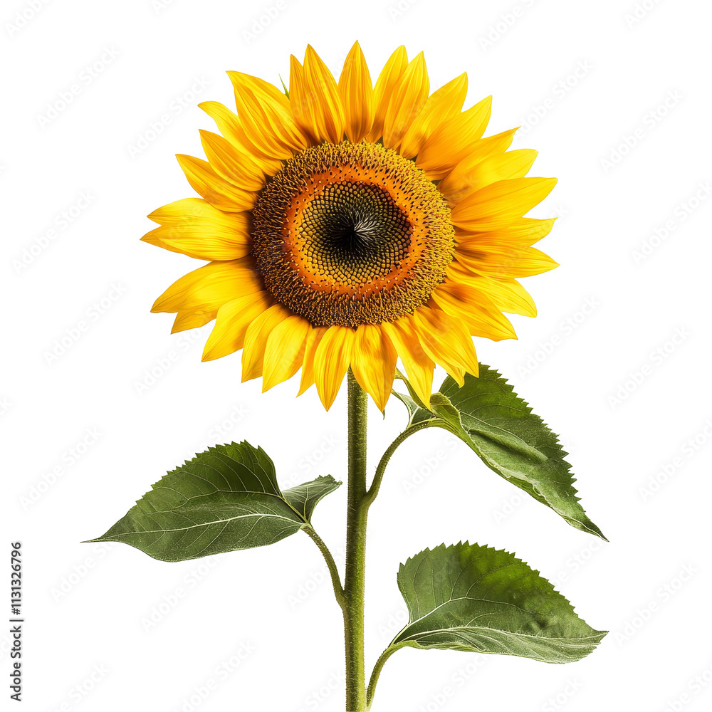 Obraz premium A vibrant sunflower stands tall against a pure transparent background, showcasing its bright petals and lush green leaves, sunflower isolated on transparent background