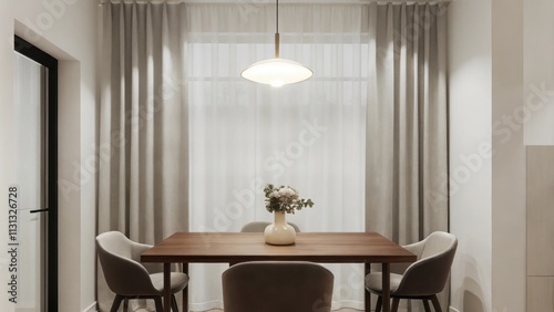 A minimalist dining area showcasing a simple wooden table surrounded by four sleek armless chairs. A delicate pendant light hangs above illuminating a single ceramic vase with