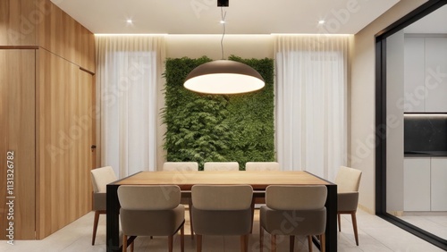 An airy dining area dominated by a rectangular wooden table surrounded by upholstered chairs with a statement pendant light hanging above and a wall of greenery providing a natural