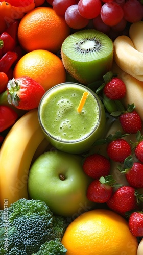  vibrant image of fresh fruits and vegetables being prepared for a morning smoothie, highlighting healthy choices and vitality 