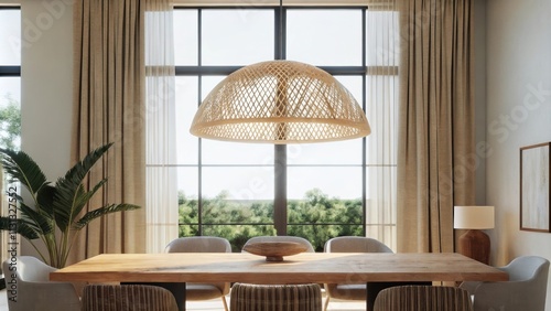 An airy dining room with a large organicshaped wooden table surrounded by asymmetrical minimalist chairs. A statement pendant light made of woven rattan casts warm light while a