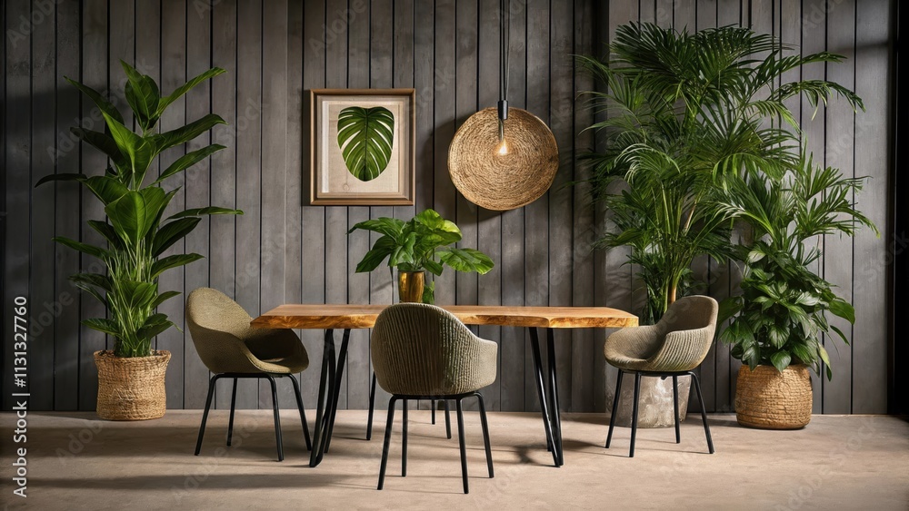 Fototapeta premium An openplan dining area with a table crafted from a single slice of a tree trunk complemented by mismatched chairs that display organic shapes. Potted plants in woven baskets bring