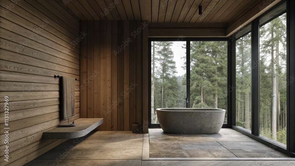 Fototapeta premium A tranquil bathroom highlighted by a freestanding stone bathtub woodpaneled walls and large windows that open up to a woodland view complemented by earthy stone tiles underfoot.