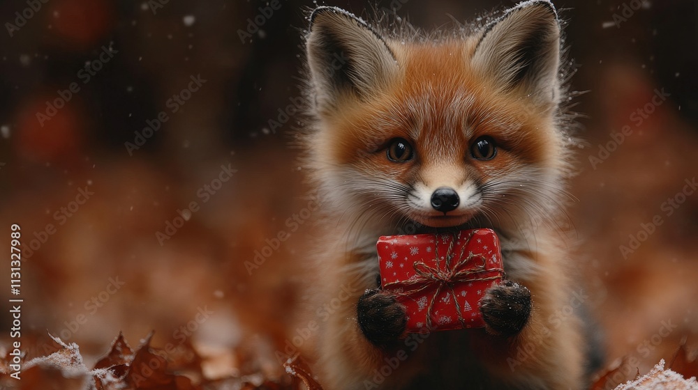 Obraz premium Cute fox holding a Christmas gift in winter scenery