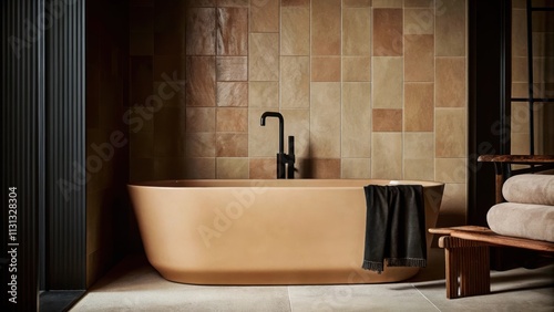 A luxurious bathroom showcasing a freestanding tub with a matte black faucet. The walls are clad in subtle stone tiles and a cozy bench with plush towels creates a spalike ambiance photo