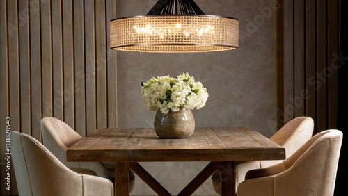 A chic dining area highlighted by a rustic wooden table paired with plush cream chairs set under an elegant pendant light with a centerpiece of fresh white flowers in a glossy