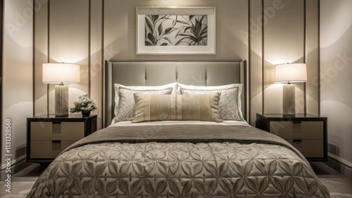 A master bedroom showcasing a kingsized bed with a plush intricately patterned duvet layered with a cashmere throw accompanied by elegant bedside tables topped with delicate photo