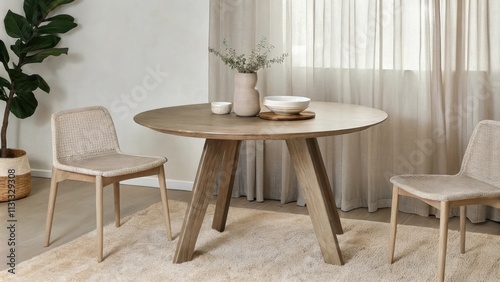 A tranquil dining area showcasing a simple round wooden table with a live edge surrounded by minimalist chairs made of natural fibers complemented by a soft area rug and earthtoned