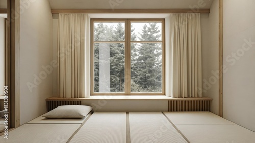 A quiet meditation room offers soft muted colors with tatami mats covering the floor. A single plush cushion invites sitting while a large window opens to a view of trees outside