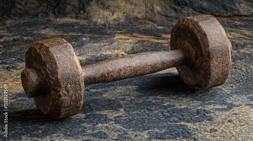 Rustic cast iron dumbbell resting on textured stone background for fitness and strength training concepts.