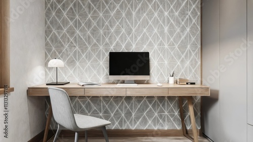 In a peaceful home office a large desk with a sleek finish is accented by a geometric patterned wallpaper creating a productive environment that inspires creativity amidst a photo