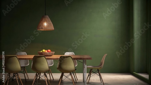 A bright dining area with a reclaimed wood table surrounded by mismatched minimalist chairs. Above a simple pendant light made from natural fibers casts a warm glow while a bowl of