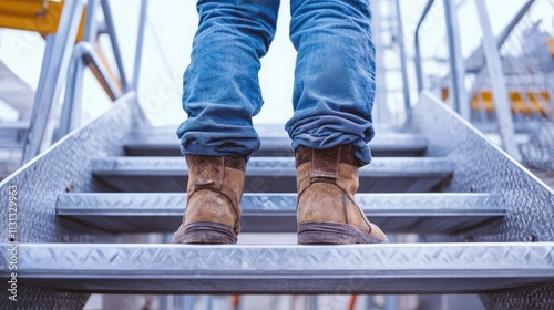 Construction worker in sturdy jeans and boots ascending aluminum stairs at a building site showcasing construction safety and diligence photo