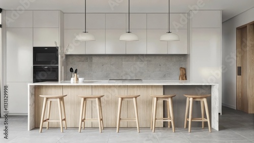 A tranquil kitchen boasting matte white cabinetry and a subtle gray backsplash. The countertop is a smooth light stone with wooden bar stools that invite a sense of warmth and