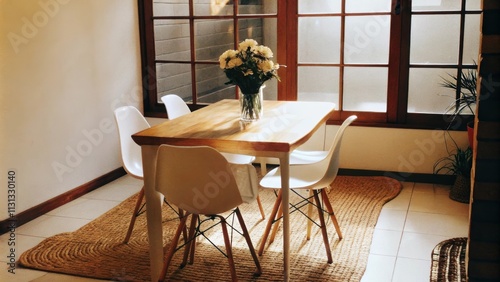An airy dining area set against a large window featuring a rustic wooden table surrounded by white chairs with clean lines adorned with a simple vase of fresh flowers and a cozy