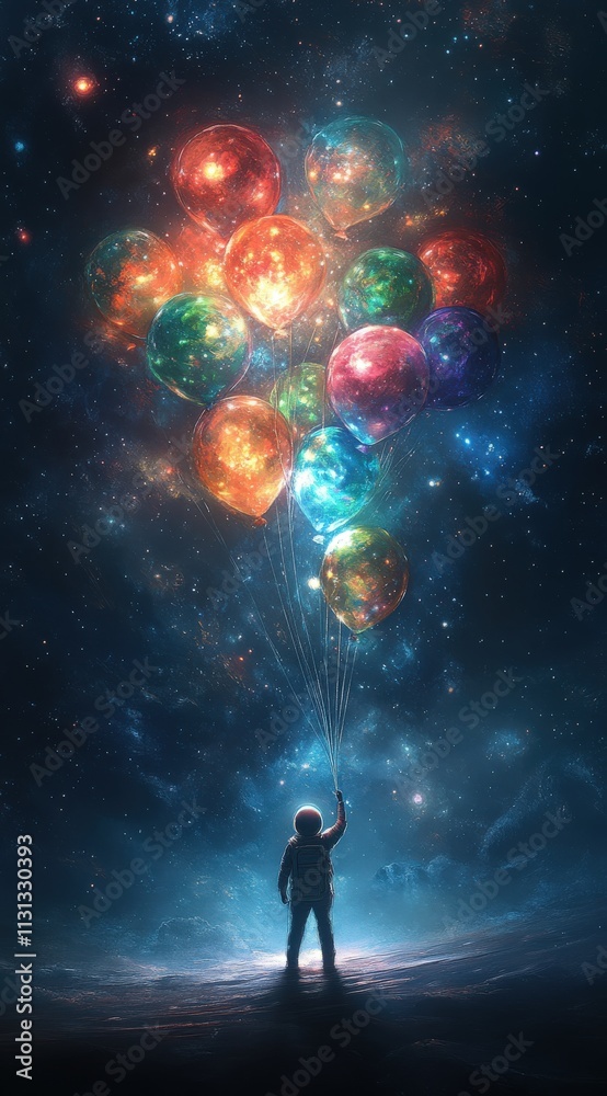 Naklejka premium Surreal artwork depicting a lone astronaut holding cosmic balloons against a starry backdrop. A dreamlike journey into the vastness of space.