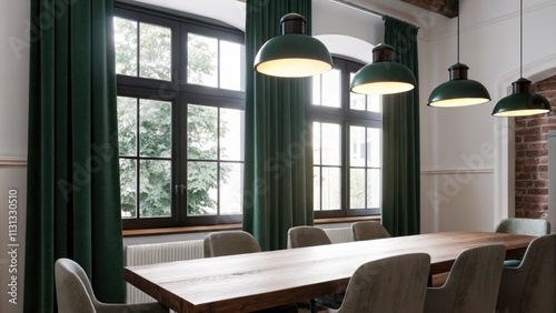 A serene dining area with a long wooden table surrounded by soft fabric chairs in light hues. Industrialstyle pendant lights hang above illuminating the white walls accented with
