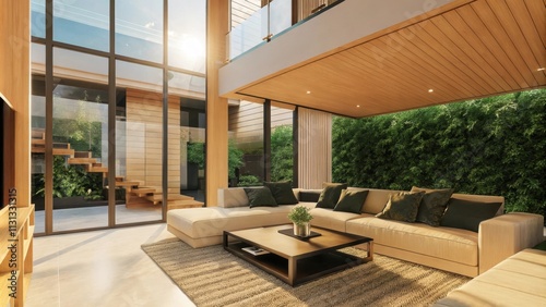 An airy living room with a large sectional couch facing a sleek coffee table complemented by a textured area rug and large windows allowing natural light to flood the space. photo