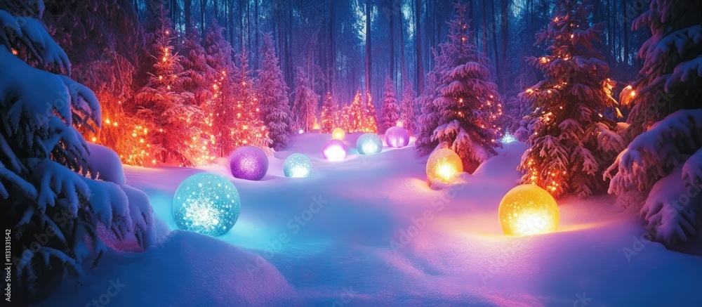 Fototapeta premium Enchanting winter forest illuminated by colorful glowing orbs and Christmas lights amidst fresh snow at night