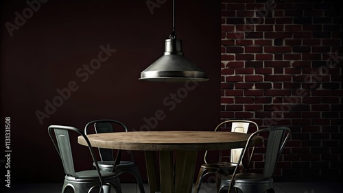 A compact dining area boasts a round table made from reclaimed wood surrounded by mismatched industrialstyle chairs. A metal light fixture hangs above casting a warm glow over the