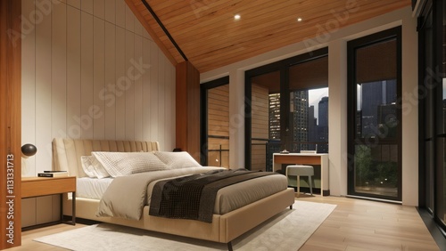 An inviting bedroom showcases a warm beige upholstered bed dressed with layered linens and textured throw pillows. A minimalistic metal bed frame complements the roughhewn timber photo