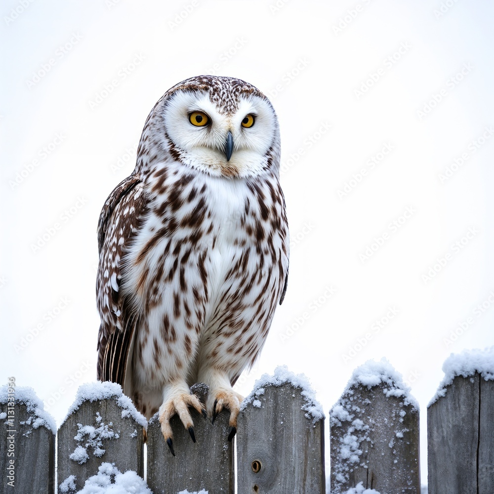 Fototapeta premium Snowy owl perched on snow-covered fence in winter