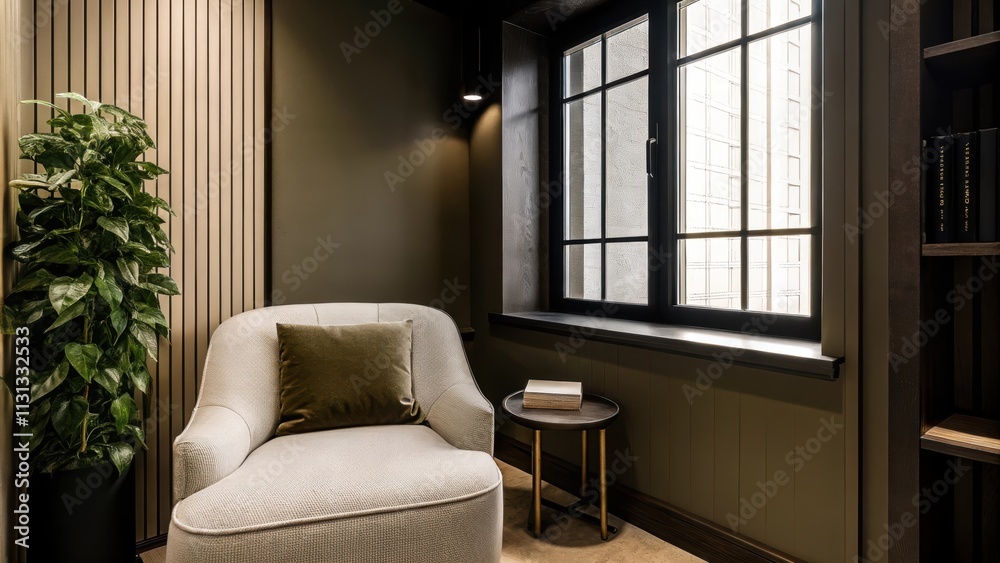 Fototapeta premium A cozy reading nook nestled in a corner with a large window allowing natural light to pour in. The walls are a soothing light taupe complemented by a dark chocolate brown accent