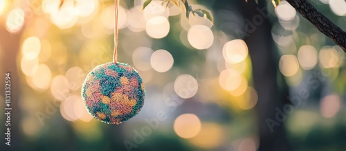 Wallpaper Mural Colorful decorative ball hanging from a tree branch illuminated by dreamy bokeh lights in a serene outdoor setting Torontodigital.ca