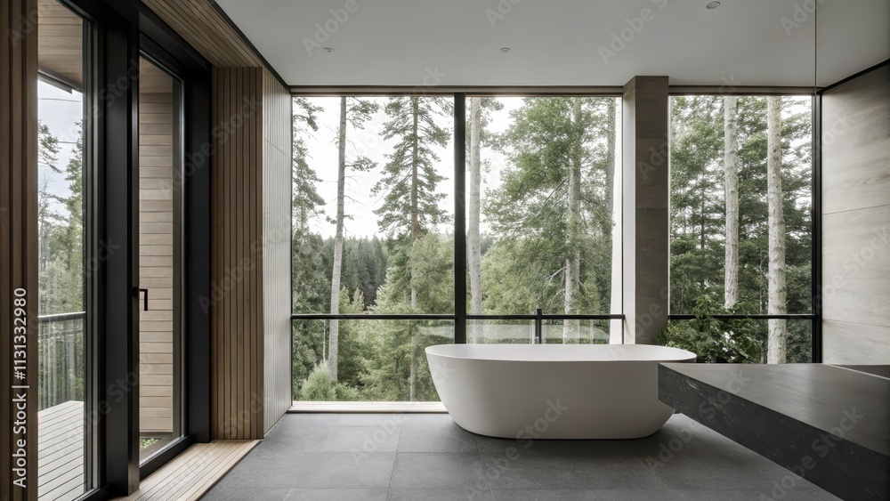Fototapeta premium A modern bathroom with a freestanding soaking tub positioned next to floortoceiling windows allowing for a tranquil experience with sights of the urban forest beyond complemented