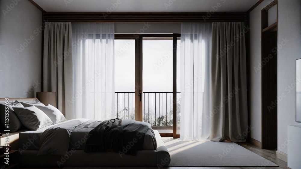 Fototapeta premium A serene bedroom with a large bed dressed in soft linens as the early light filters in casting calm shadows and creating a peaceful ambiance.