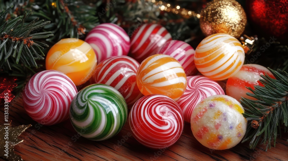 Fototapeta premium Colorful striped candy balls nestled among Christmas tree branches on a rustic wooden background for festive holiday decor.