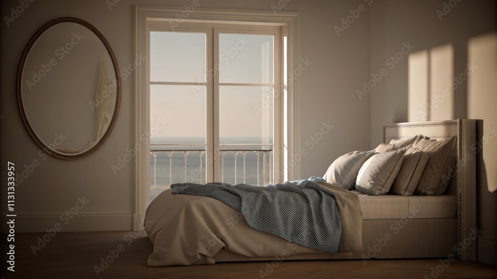 Fototapeta premium A tranquil bedroom with a low profile bed dressed in light gray linens and a textured soft blue throw. The walls are painted in a pale seafoam hue and a large circular mirror